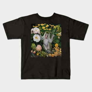 watercolor flowers surrounding a wild monkey Kids T-Shirt